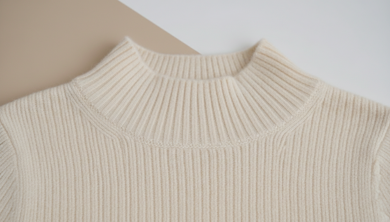Крупный план воротника-стойки и рубчика на тонком кашемировом свитере кремового цвета, демонстрирующий высокое качество вязки.