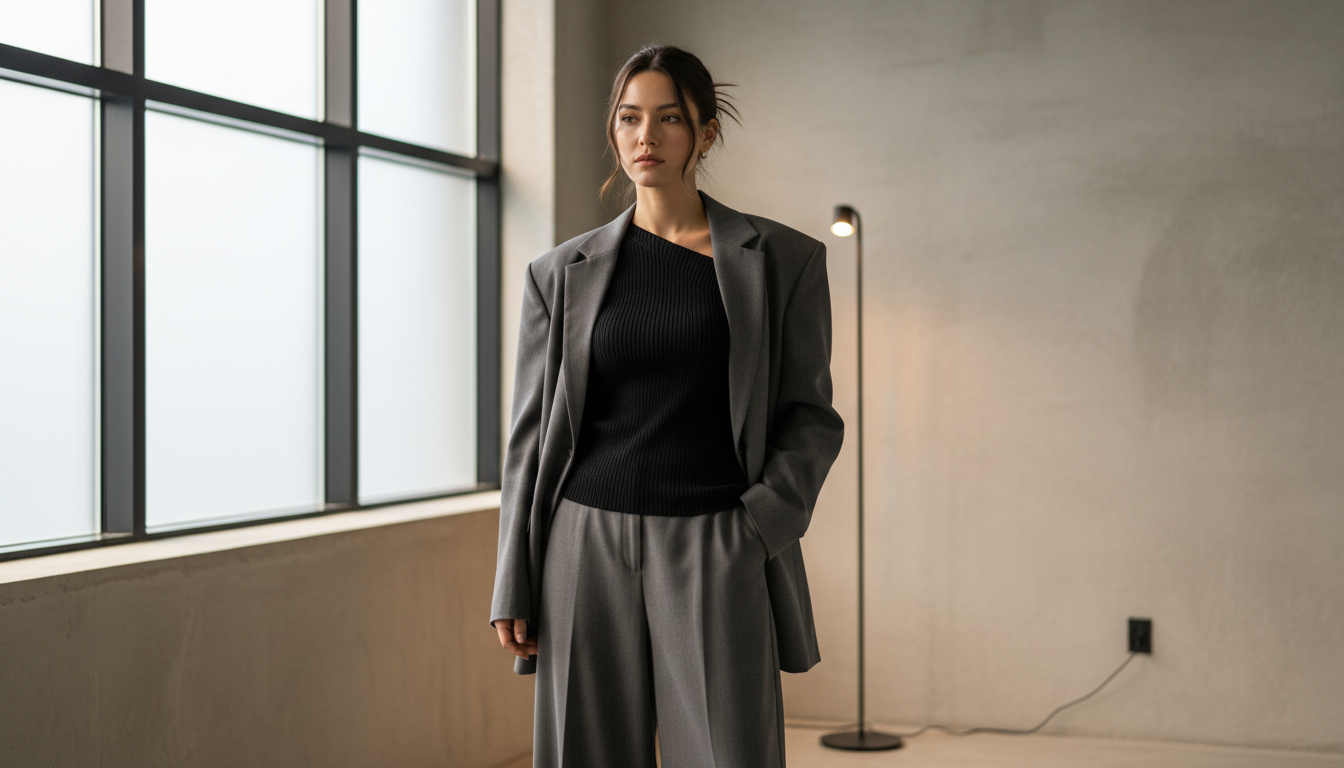 Девушка в черном обтягивающем трикотажном топе с асимметричным вырезом, поверх которого надет серый оверсайз-блейзер и брюки-палаццо.