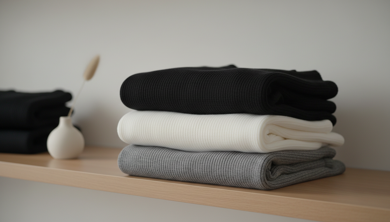 Детальный снимок: Аккуратная стопка сложенного трикотажа в рубчик разных базовых цветов (черный, белый, серый) на полке.