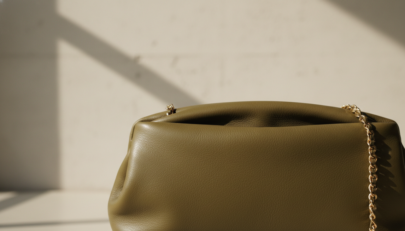 Детали крупным планом: мягкая кожа клатча с драпировкой.