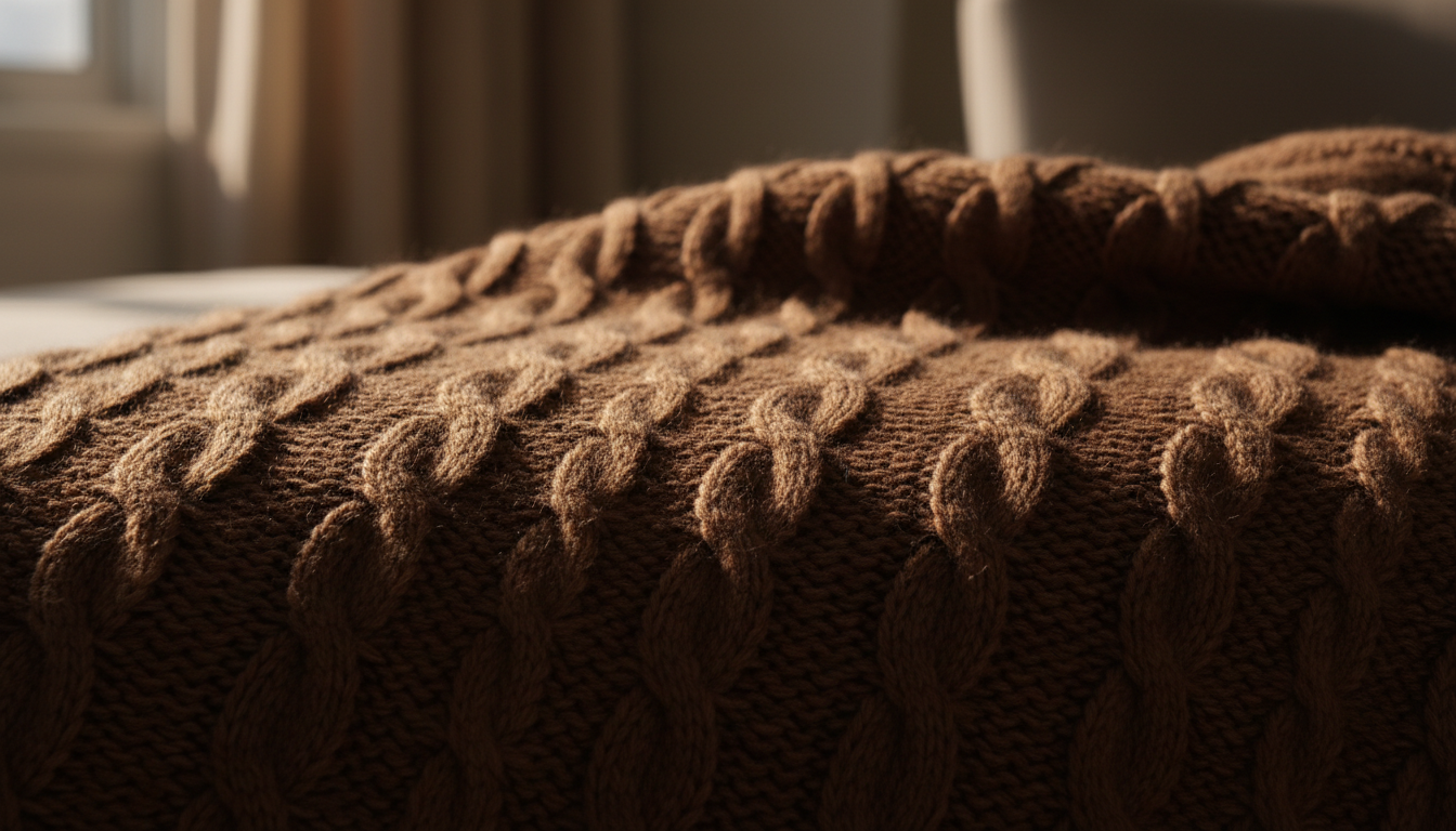 Крупный план на фактурном трикотаже в оттенке мокко, демонстрирующий игру света и тени на материале.
