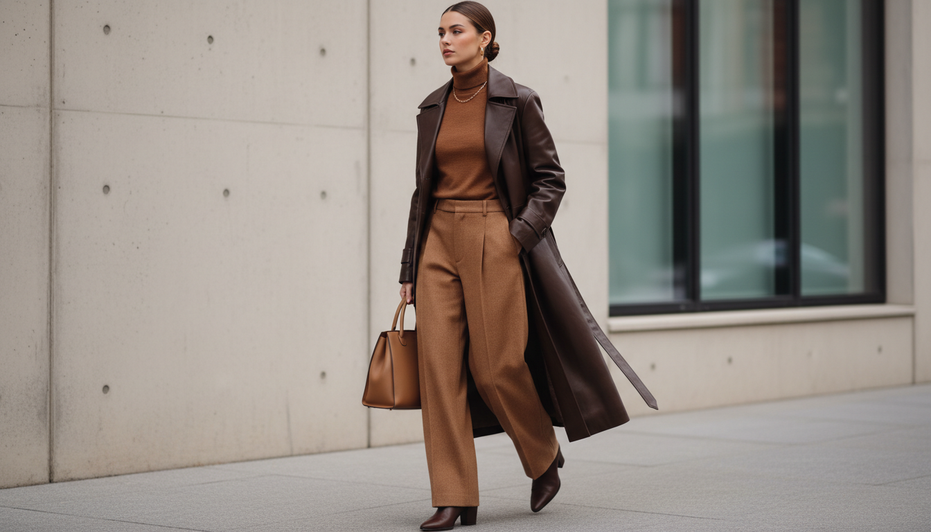 Женщина в монохромном коричневом тотал-луке, сочетающая широкие шерстяные брюки, тонкую водолазку и кожаный плащ цвета эспрессо.