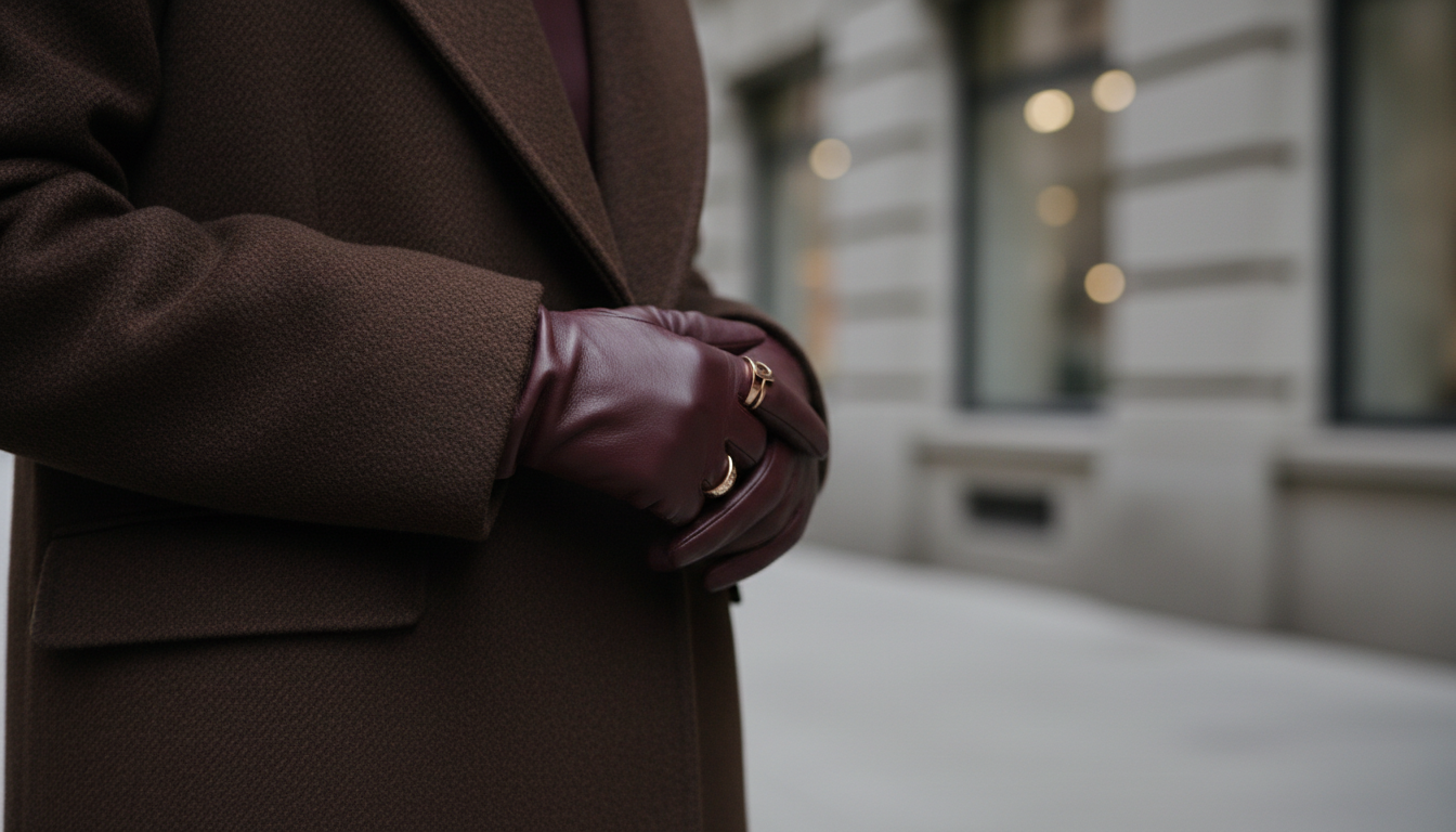 Детализация: Кожаные длинные перчатки цвета бургунди, выглядывающие из-под рукава шерстяного пальто цвета горького шоколада.