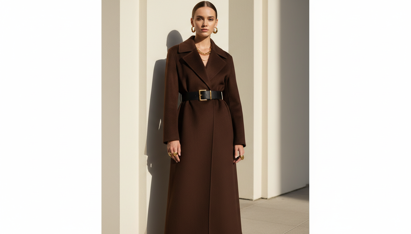 Модель в пальто-макси цвета эспрессо, подчеркнутом широким кожаным ремнем. Золотые украшения добавляют блеска.