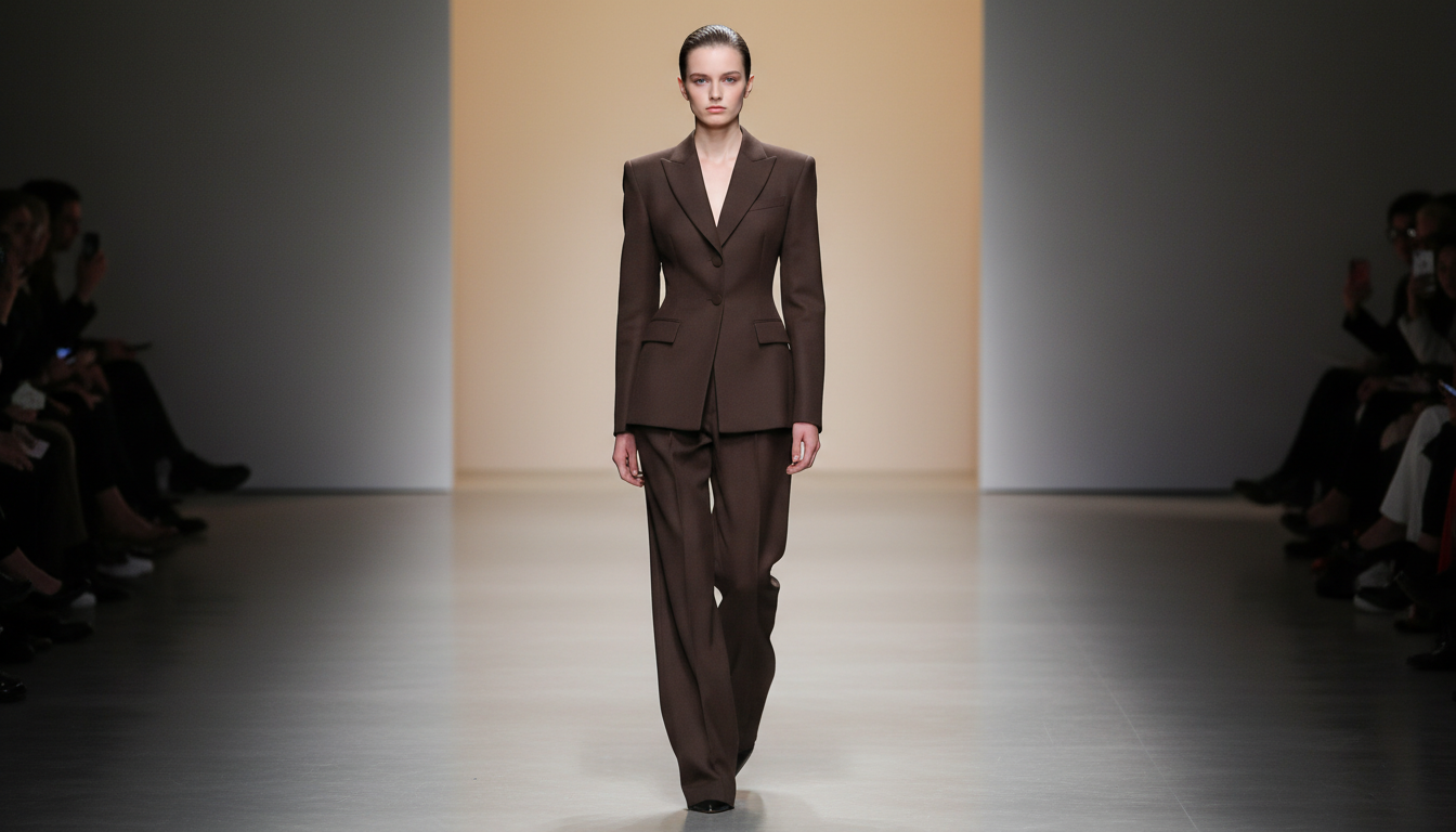 Кадр с подиума: Идеально скроенный костюм в оттенке горького шоколада, демонстрирующий архитектурную четкость силуэта.