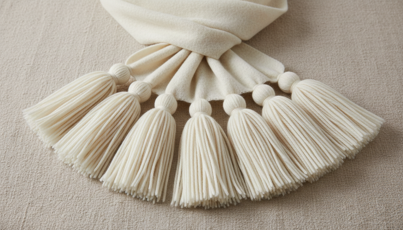 Крупный план на шарф из плотной шерсти кремового цвета, украшенный густыми, длинными кистями.