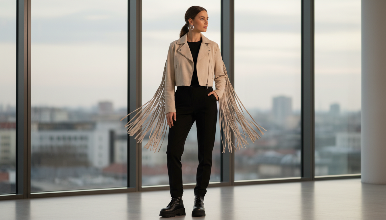 Девушка в укороченном замшевом жакете с длинной бахромой на рукавах, сочетает его с черными брюками и тяжелыми ботинками.