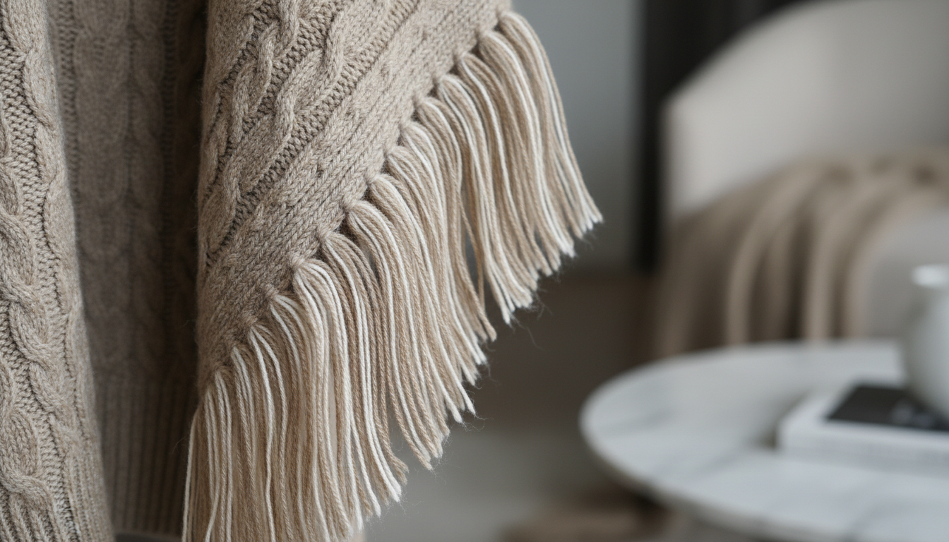Детальный снимок края трикотажного кардигана, где бахрома является продолжением вязаного полотна.