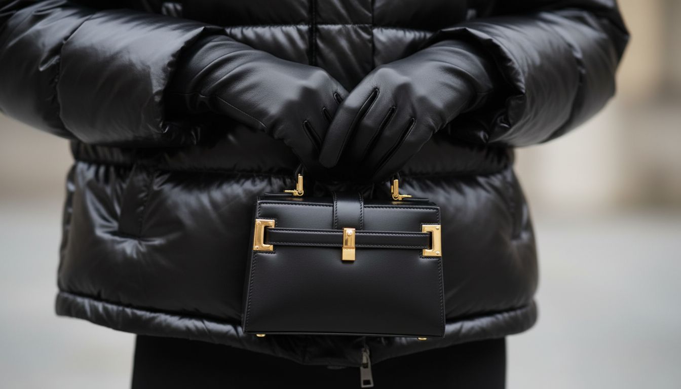 Деталь: Рука в длинной кожаной перчатке держит миниатюрную структурированную сумку, на фоне глянцевого черного пуховика.