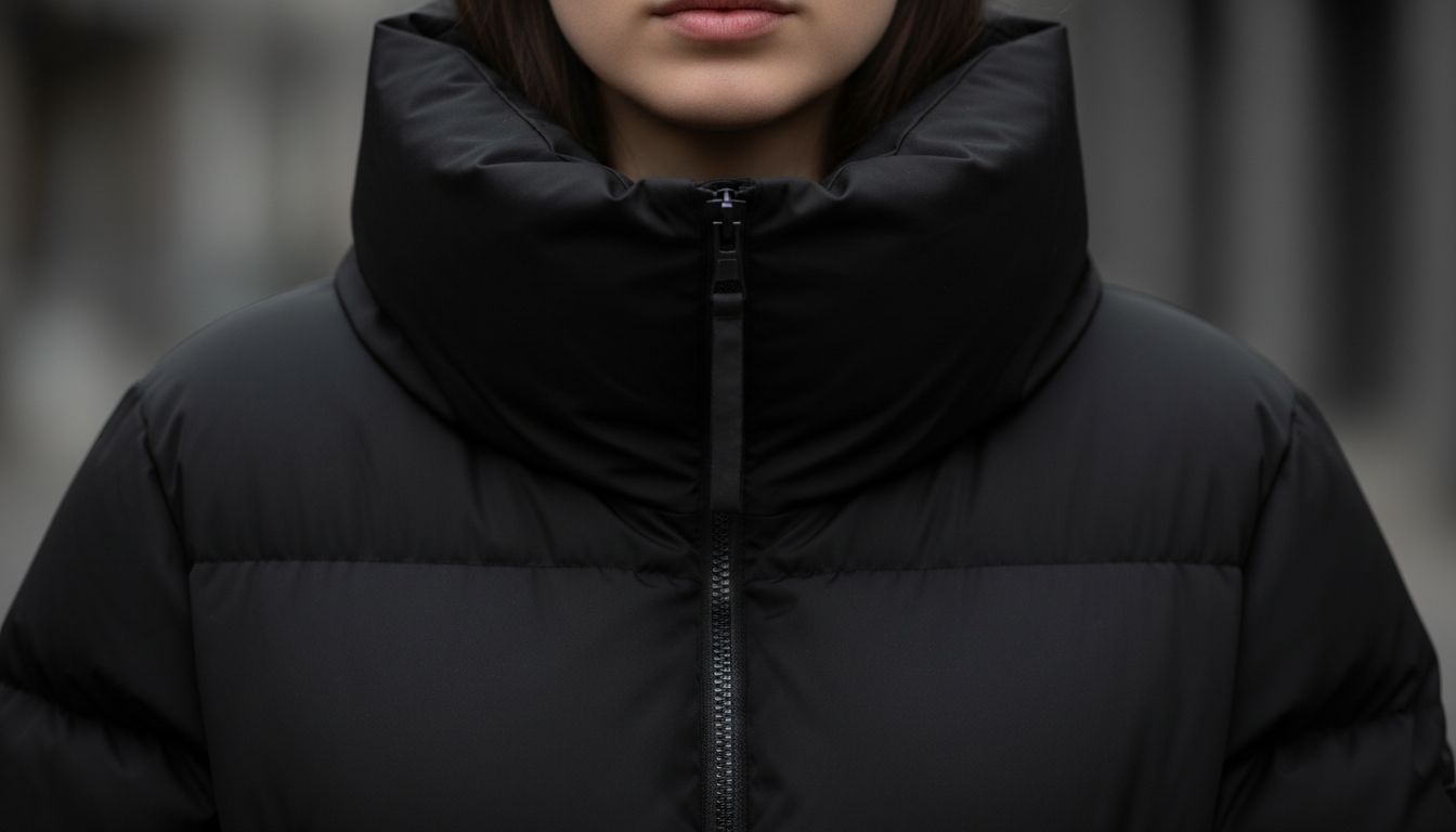 Крупный план: Высокий, объемный воротник черного матового пуховика, полностью застегнутый.