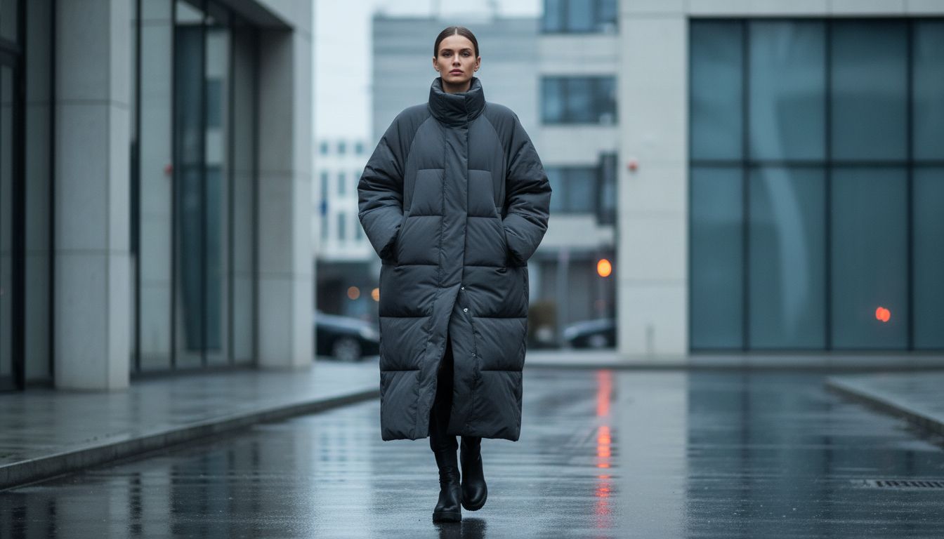 Финальный кадр: Модель в графитовом макси-пуховике, идущая по улице, ее походка уверенна и монументальна.