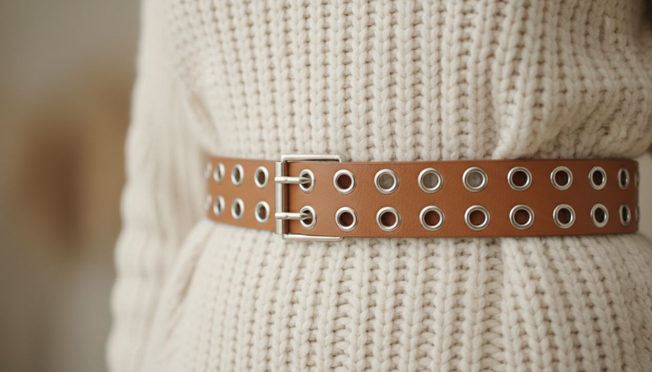 Крупный план на ремень с двойным рядом серебряных люверсов, застегнутый поверх кремового свитера крупной вязки.