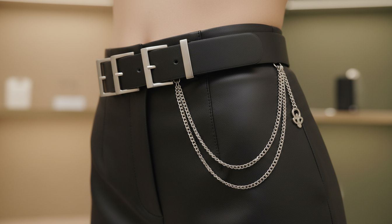 Деталь: черный кожаный ремень с четырьмя тонкими пряжками и цепочкой, свисающей сбоку.
