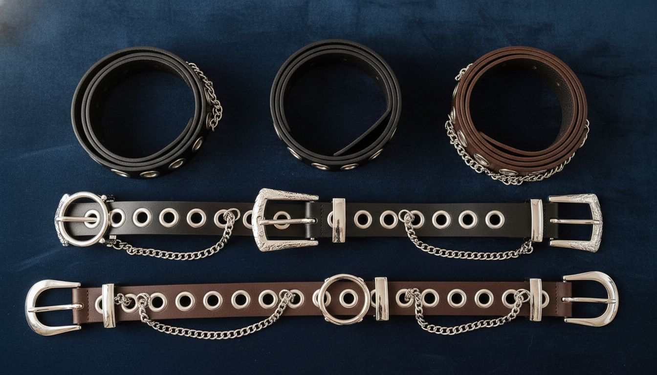 Ремни с люверсами, цепями и пряжками, аккуратно разложенные на бархатной поверхности.