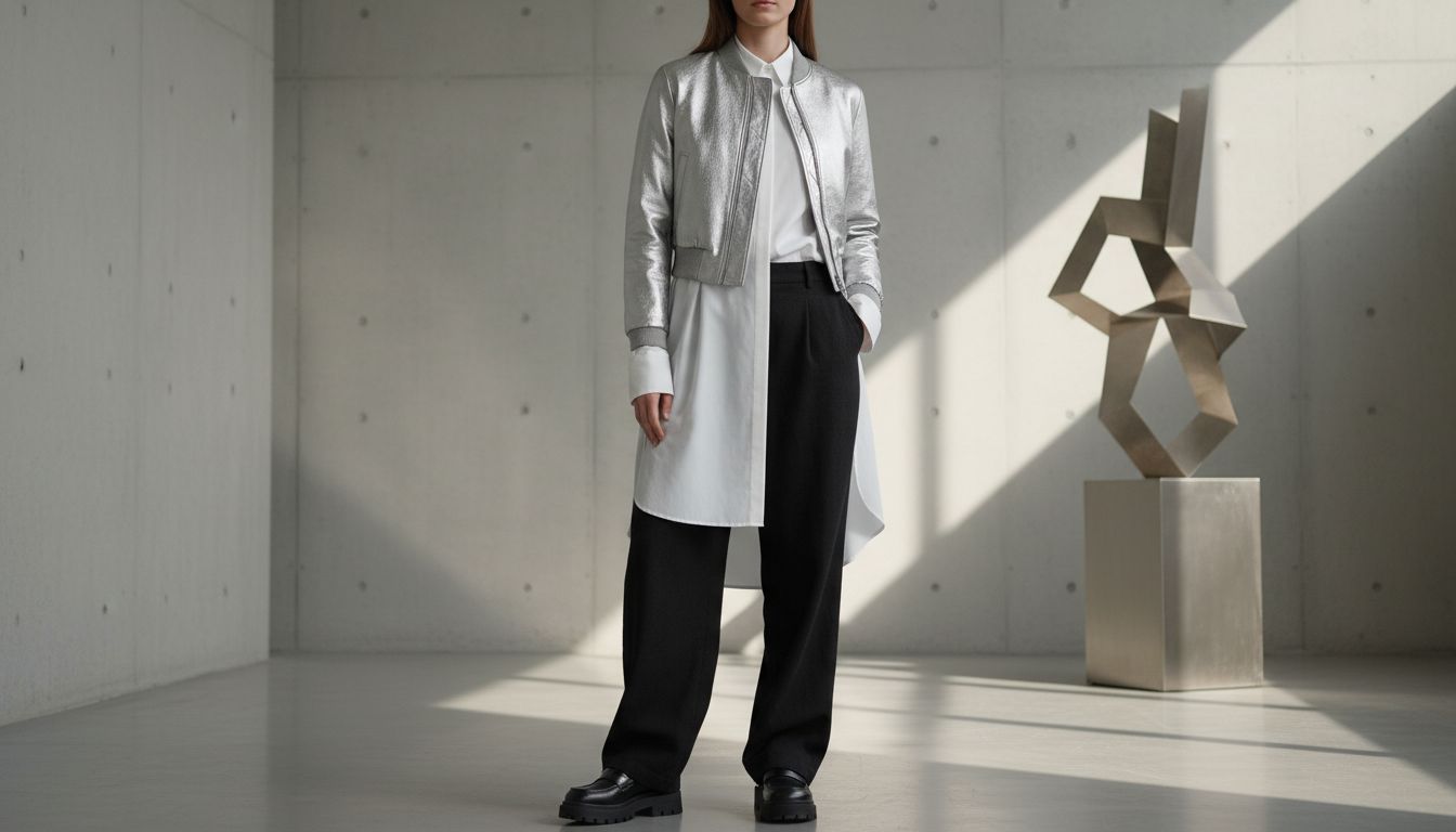 Стилизованный образ: короткий бомбер с металлическим блеском, надетый поверх длинной рубашки, которая выглядывает снизу, и широких брюк.