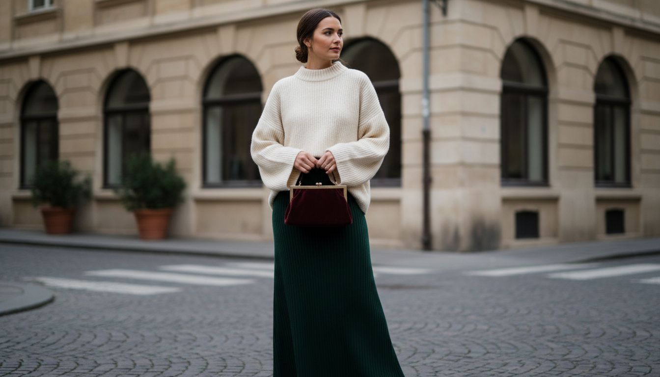 Женщина в длинной вельветовой юбке-колонне и объемном свитере крупной вязки, держащая в руке винтажную бархатную сумку