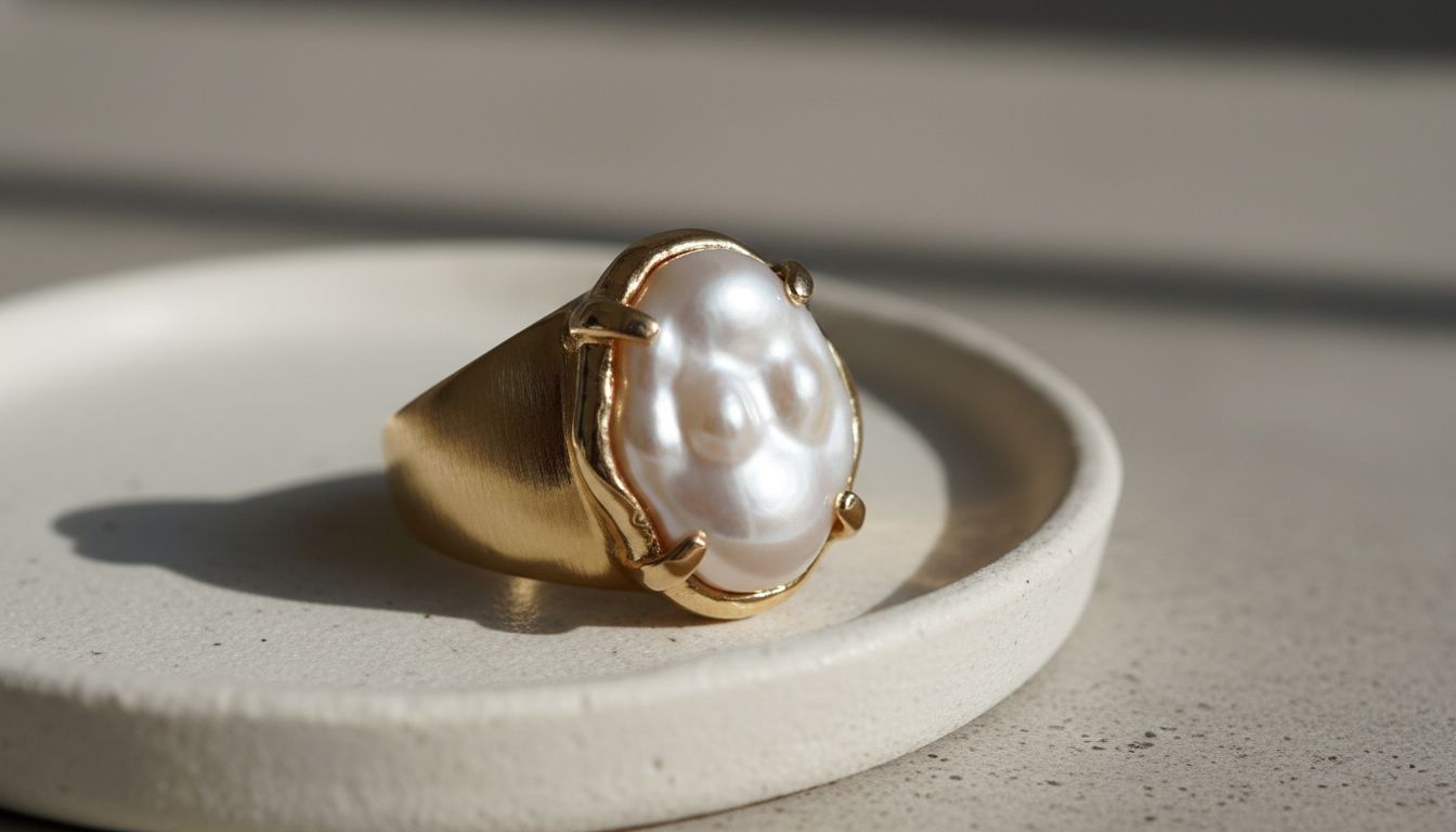 Крупный барочный жемчуг, оправленный в массивное золотое кольцо.