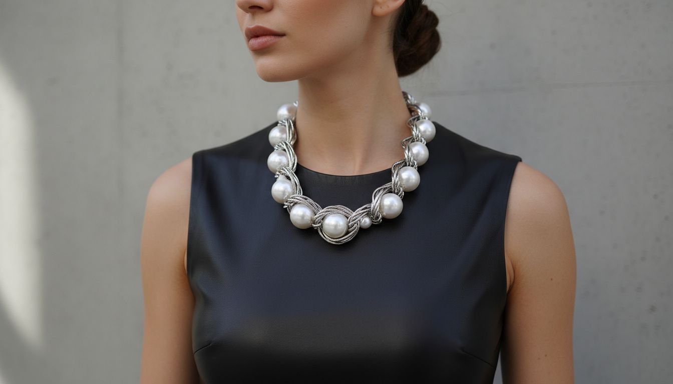 Массивная жемчужная цепь, надетая поверх черного кожаного платья.