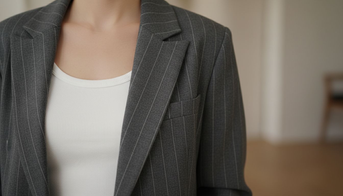 Крупный план белой майки с широкими лямками, выглядывающей из-под свободного шерстяного пиджака в тонкую полоску.