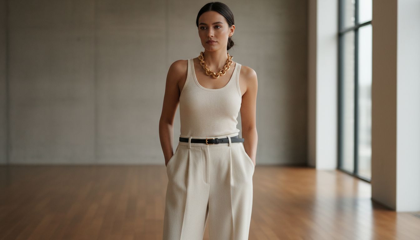 Акцентный образ: Белая майка в рубчик, свободные шерстяные брюки, тонкий пояс и массивная золотая цепь на шее.