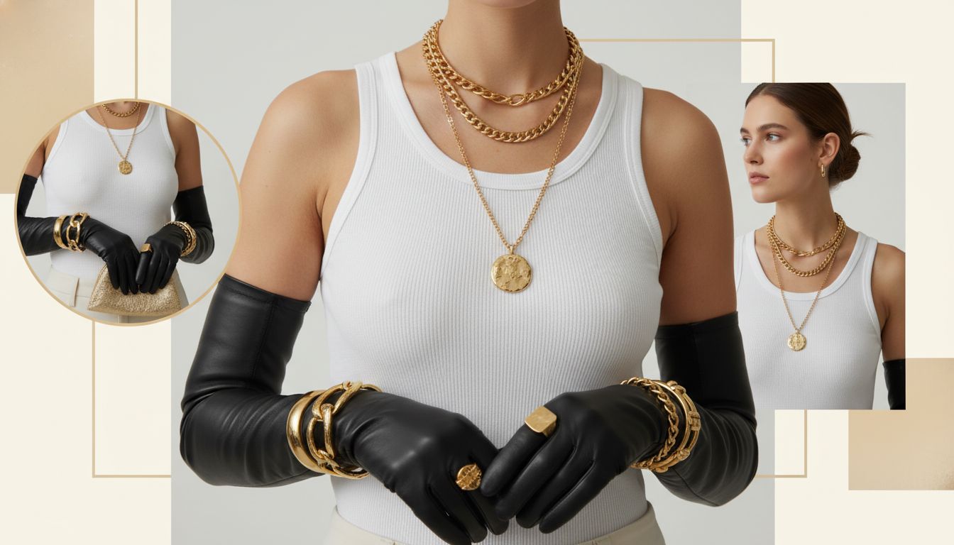 Модный коллаж, показывающий, как белая майка сочетается с массивными золотыми украшениями и длинными кожаными перчатками.