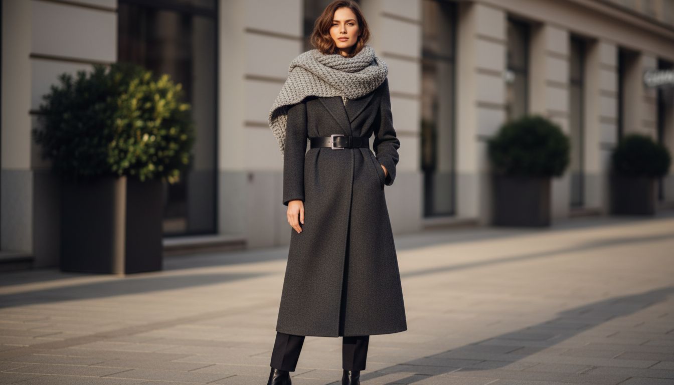 Женщина в длинном сером пальто, поверх которого накинут объемный шарф, зафиксированный на талии широким черным кожаным ремнем.