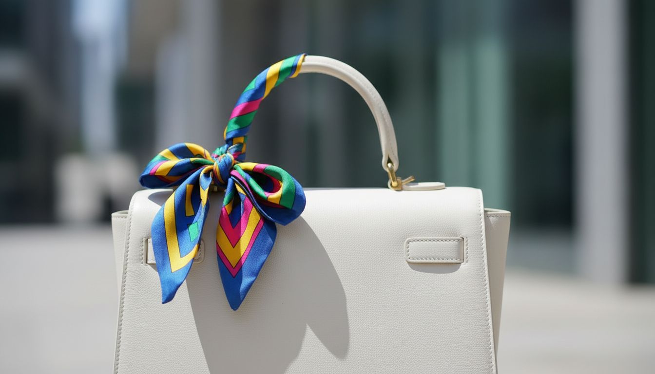 Крупный план: шелковый платок, завязанный вокруг ручки структурированной сумки-портфеля, с ярким геометрическим принтом.