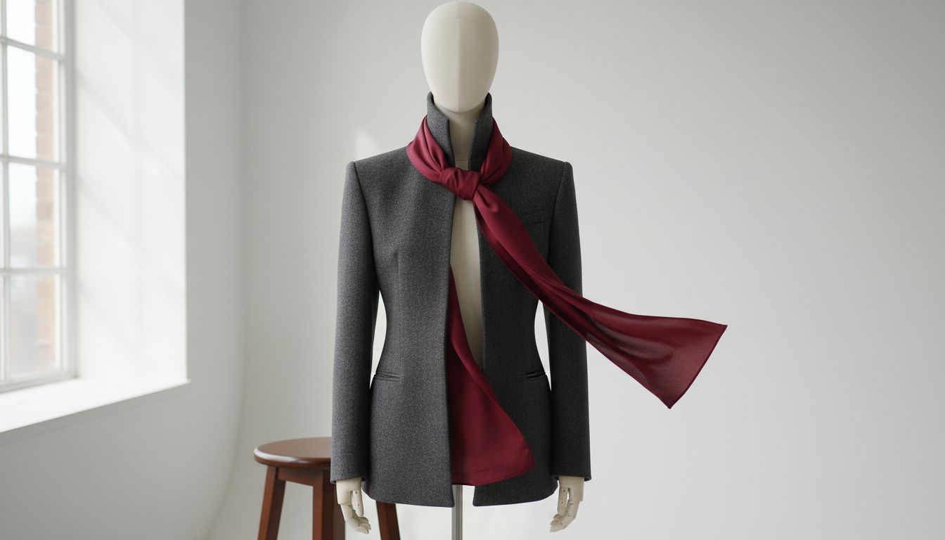 Стилизованный манекен, показывающий, как шарф, завязанный петлей, интегрирован в воротник высокого жакета.