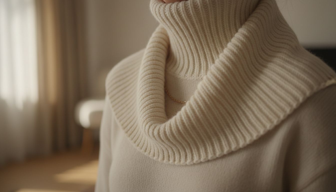 Крупный план воротника-трубы из толстого кремового трикотажа, свободно ниспадающего вокруг шеи, создавая мягкую драпировку.