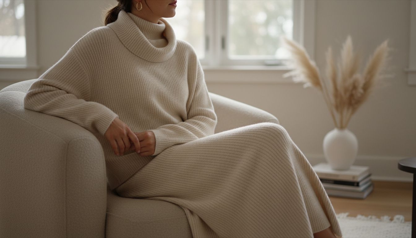 Девушка в бежевом трикотажном костюме (водолазка с воротником-трубой и юбка-макси) сидит в кресле. Акцент на мягкой фактуре и объеме.