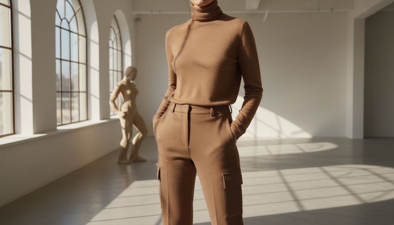 Стилизованный монохромный образ: коричневая водолазка с высоким воротником, заправленная в брюки-карго того же оттенка.
