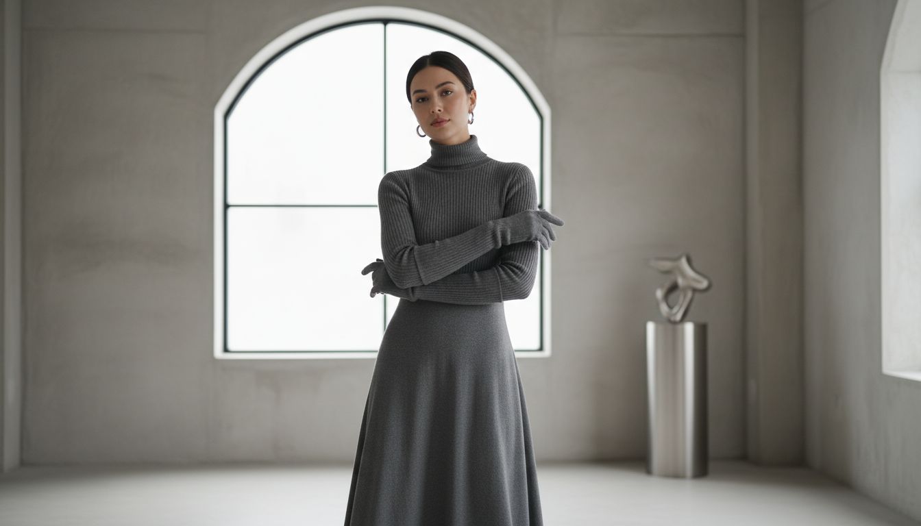 Женщина в сером трикотажном платье с воротником-стойкой и длинными перчатками, подчеркивающими элегантность зимнего образа.