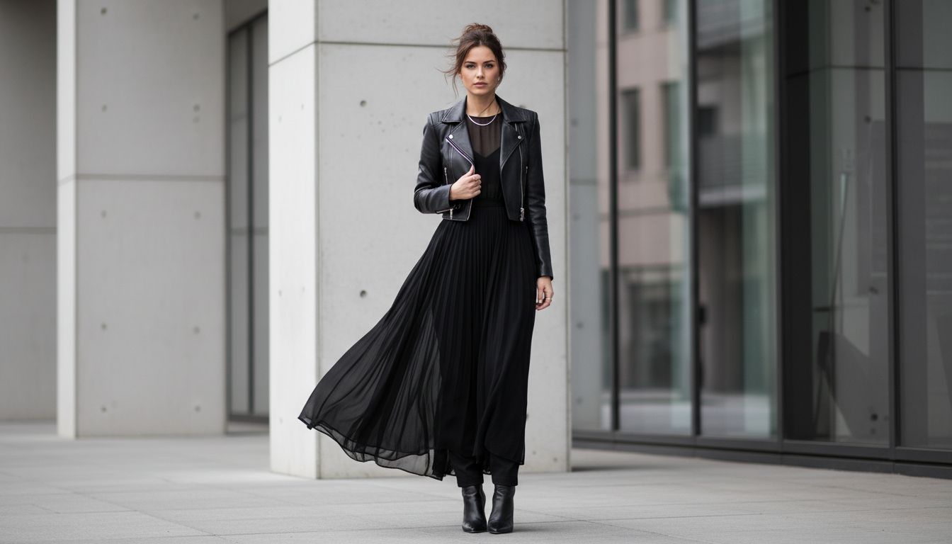 Девушка в длинном черном шифоновом платье, надетом поверх черных брюк, и коротком кожаном жакете.