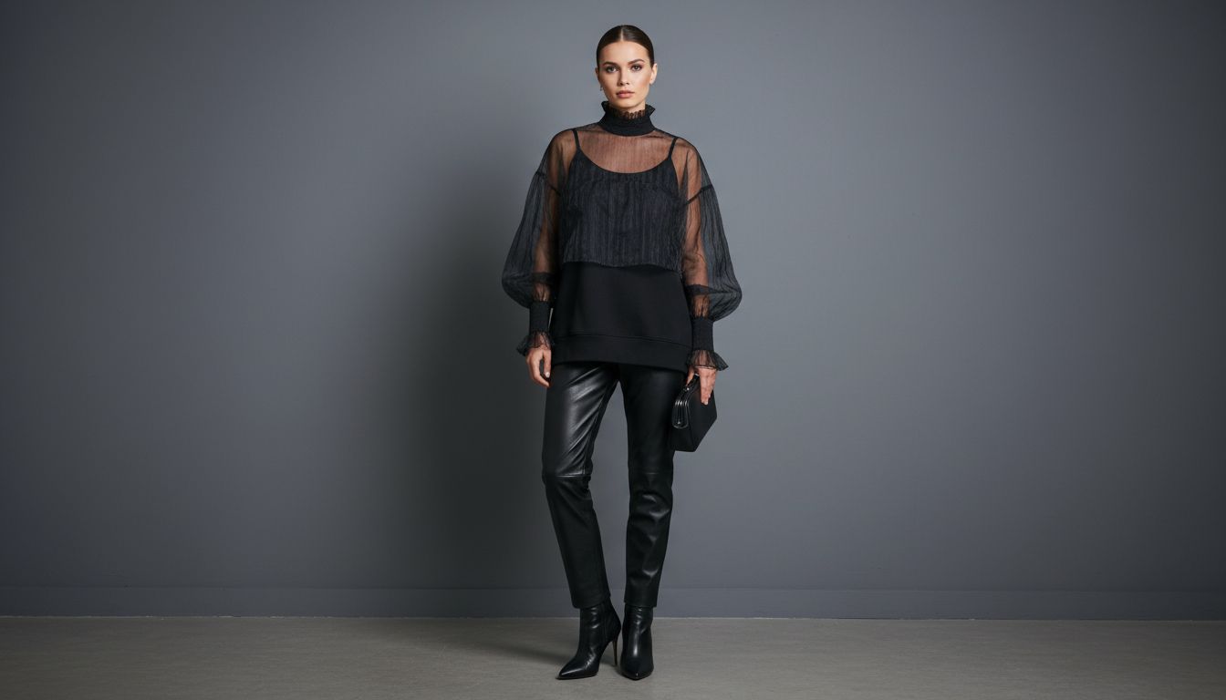 Стилизованный образ: Черный свитшот оверсайз, надетая поверх него прозрачная блузка с высоким горлом, и кожаные брюки.