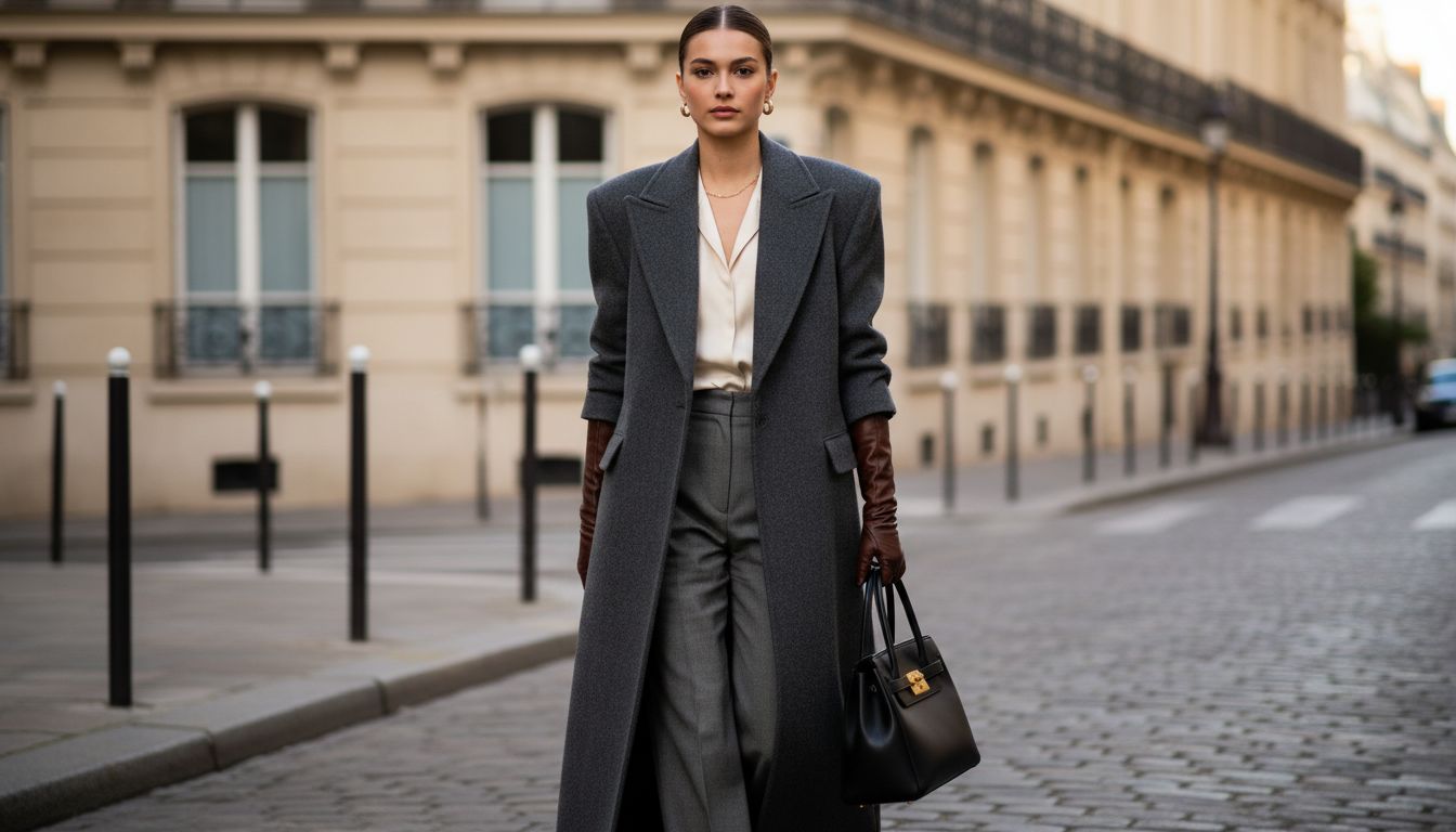 Девушка в длинном шерстяном пальто с подчеркнутой линией плеч, сочетающемся с тонкими кожаными перчатками.
