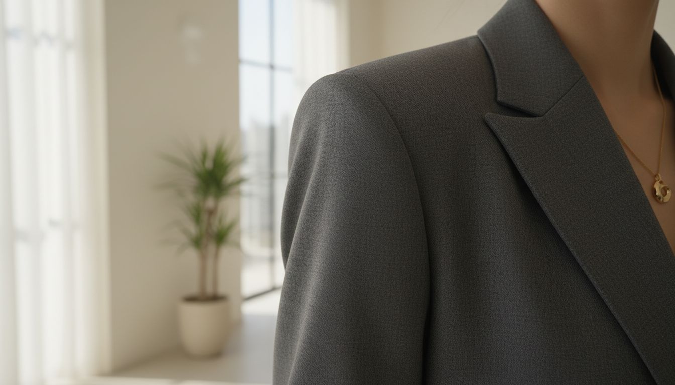 Детализированный снимок плеча жакета с акцентированной подплечником и идеально сидящим рукавом.