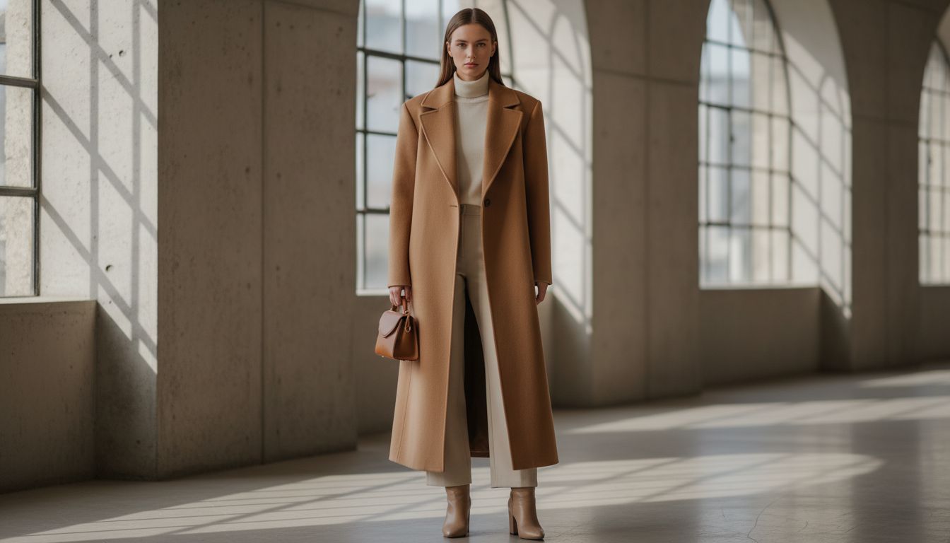 Длинное пальто-кокон из верблюжьей шерсти с четко очерченными плечами, стилизованное с тотал-луком в бежевых оттенках.