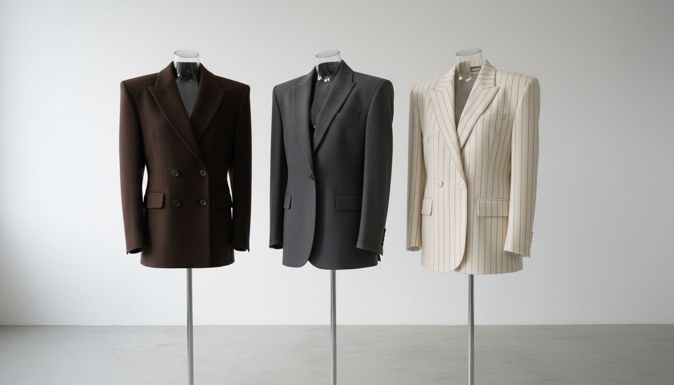 Студийный снимок трех жакетов с выраженными плечами: один в цвете «Глубокий Эспрессо», второй - графитовый, третий - в тонкую полоску.