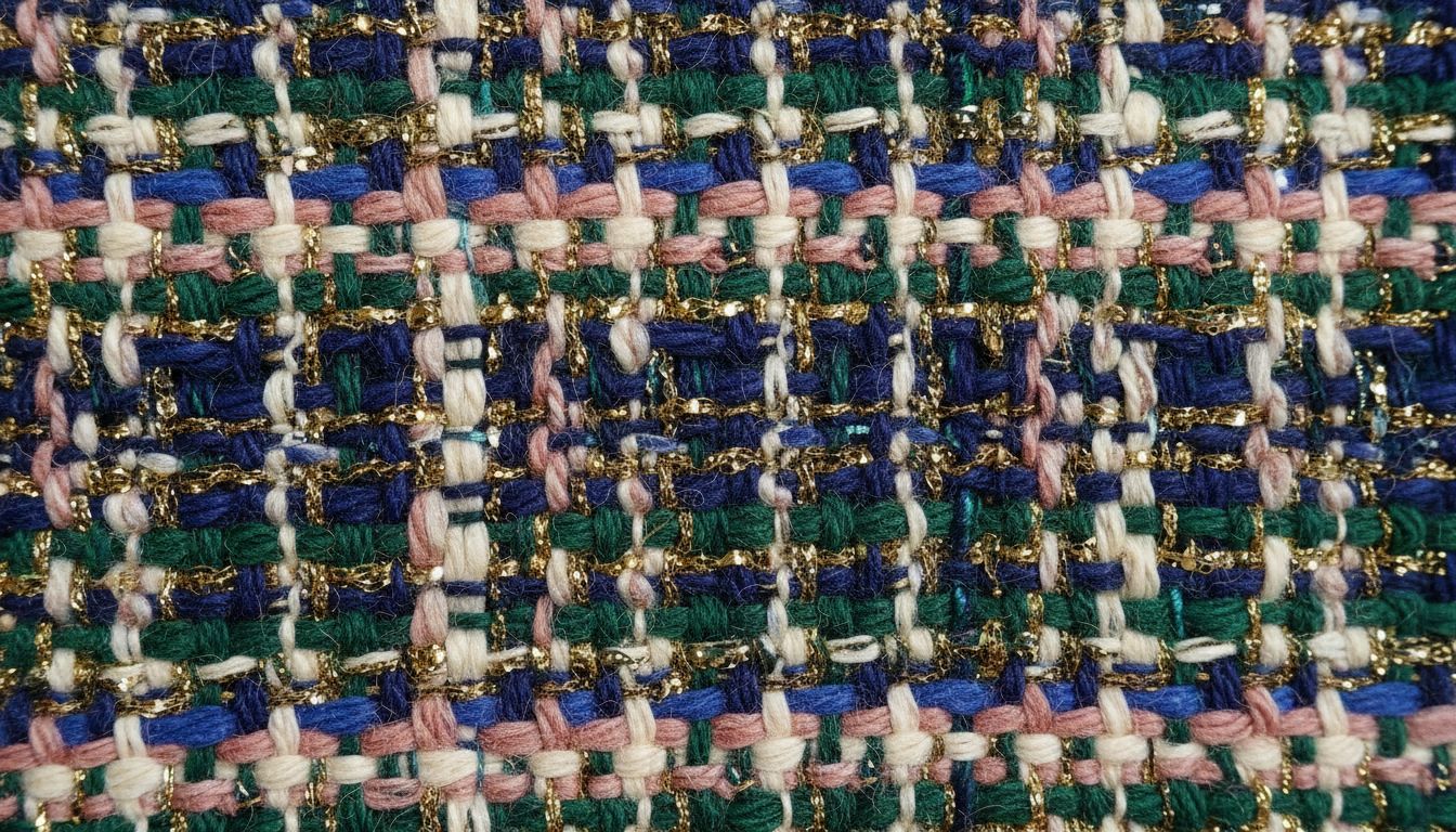 Фрагмент крупного плетения твида с разноцветными шерстяными нитями и золотистым люрексом.