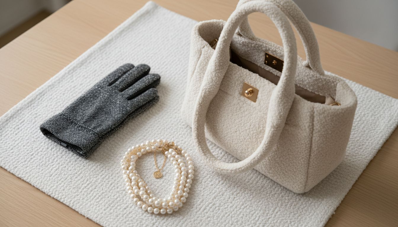 Подборка аксессуаров: твидовые перчатки, сумка-тоут из букле и жемчужное колье.