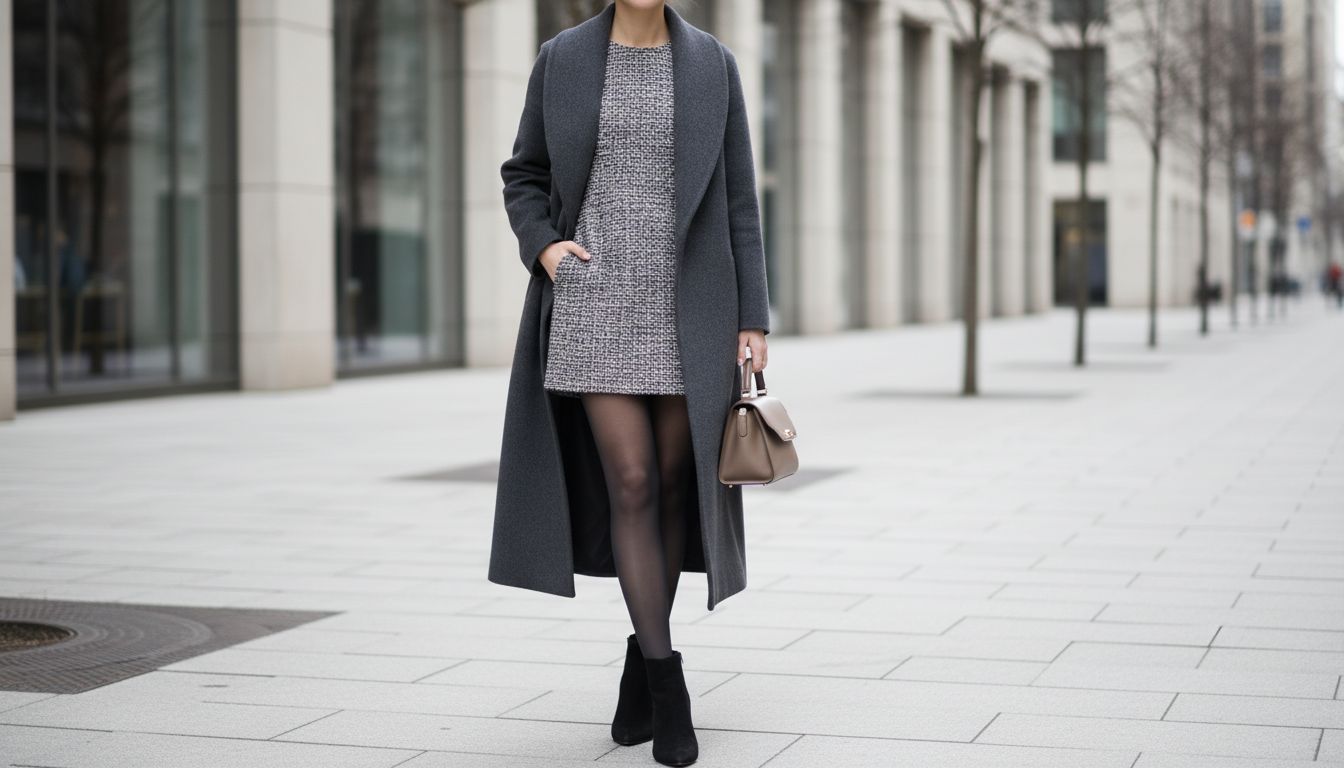 Девушка в длинном шерстяном пальто, под которым видна только мини-юбка из твида и плотные серые колготки.