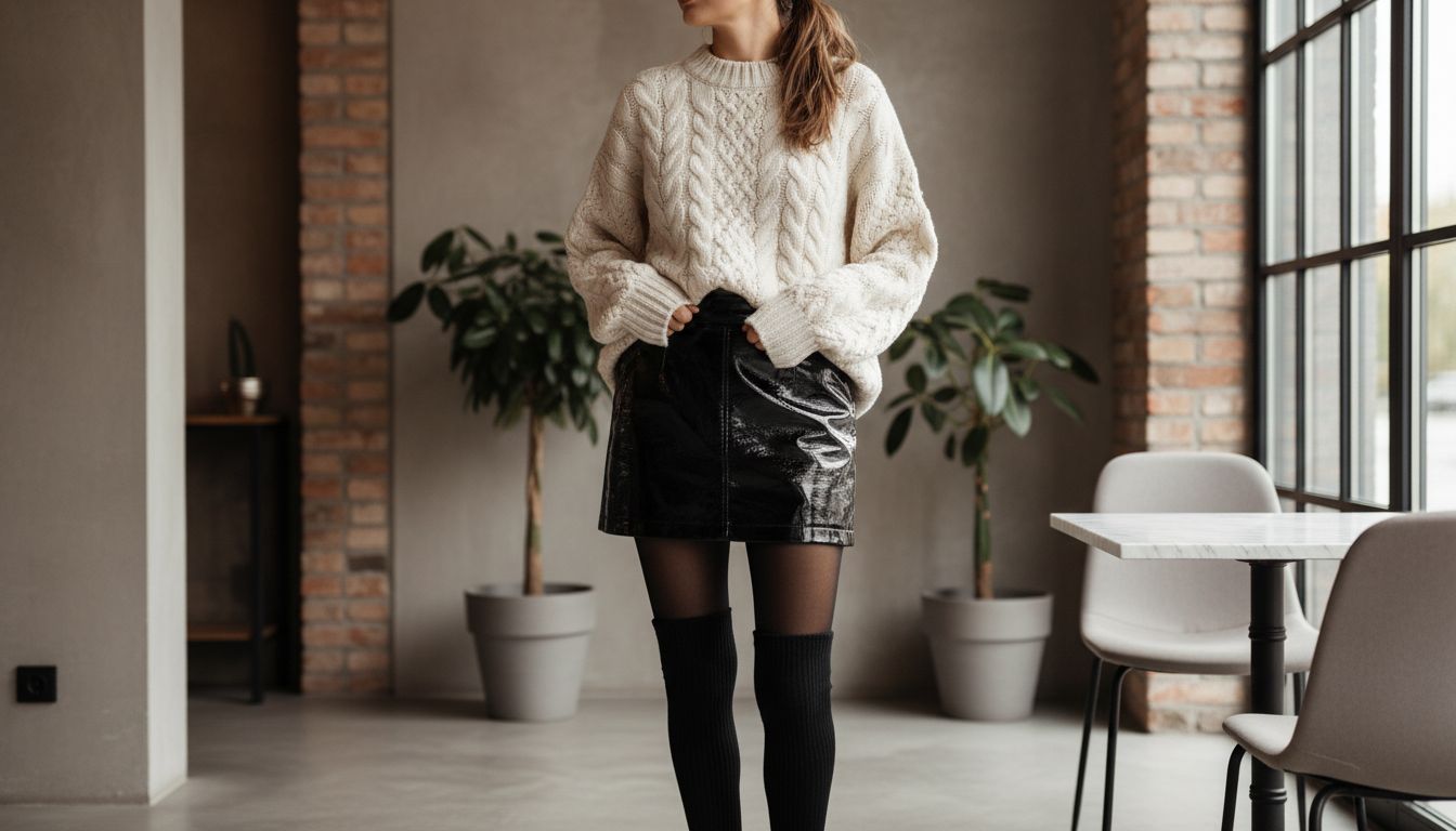 Мини-юбка из лакированной черной кожи, стилизованная с объемным свитером крупной вязки и плотными колготками.