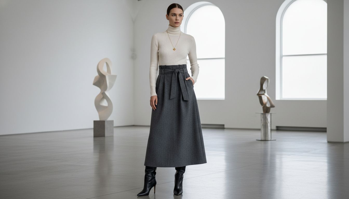 Юбка Paper-Bag макси-длины из плотной серой шерсти, стилизованная с высокими сапогами и тонким свитером.
