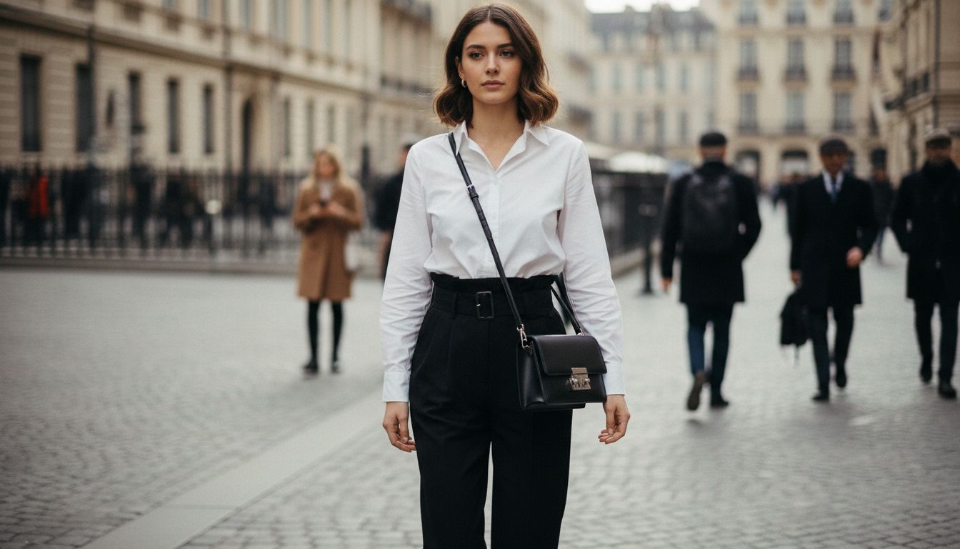 Девушка в черных брюках Paper-Bag, заправленной белой рубашке и с жесткой сумкой через плечо, идущая по городу.