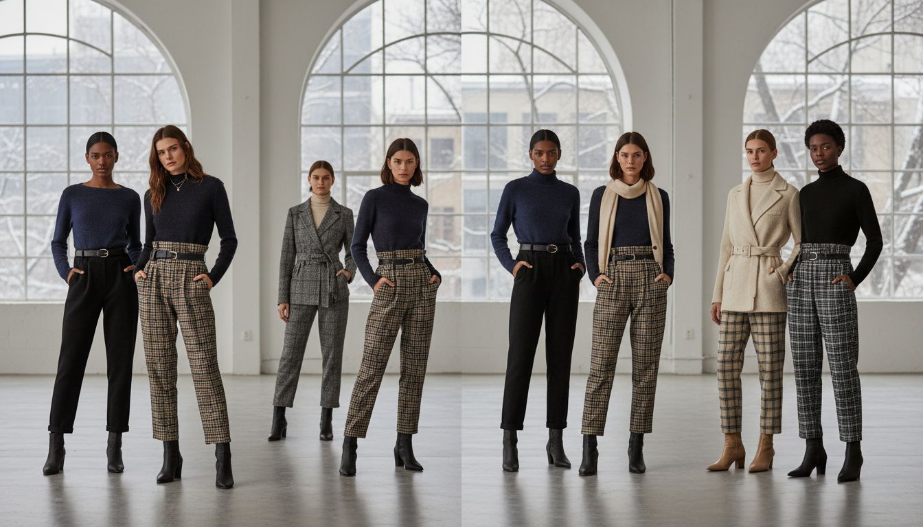 Несколько моделей, демонстрирующих различные варианты Paper-Bag Waist в зимних тканях- от клетчатой шерсти до черного вельвета.