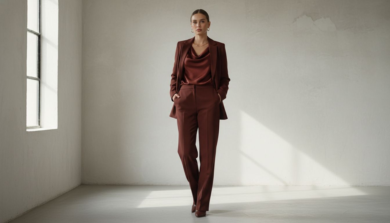 Монохромный образ: девушка в брючном костюме цвета «Вишневая Кола» с атласной блузкой того же оттенка.