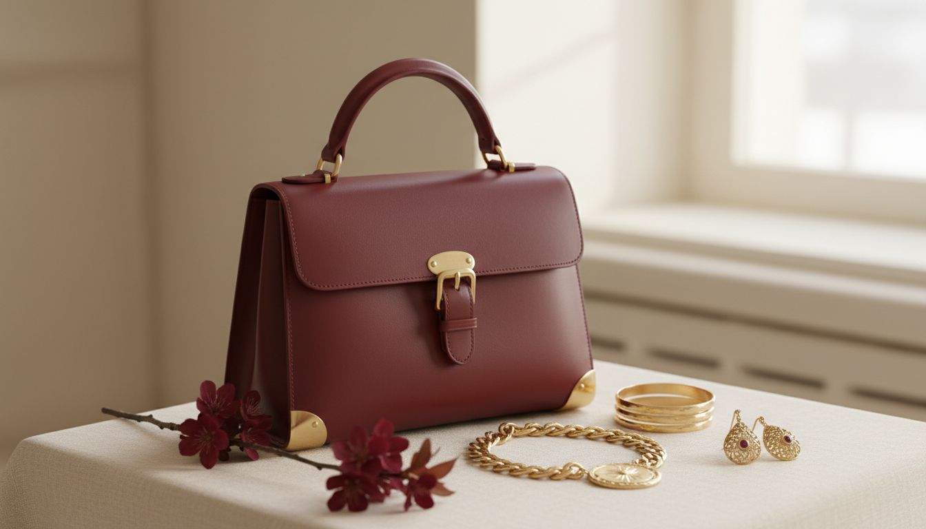 Аксессуары: крупный план на сумку-портфель в оттенке «Вишневая Кола» рядом с золотыми винтажными украшениями.