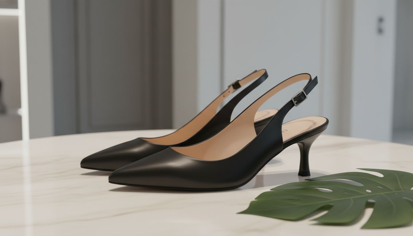 Крупный план элегантных черных слингбэков Kitten Heels с острым носом.