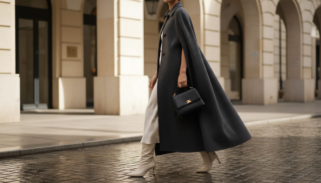 Стилизация Kitten Heels: элегантные ботильоны под длинным пальто-кейпом.