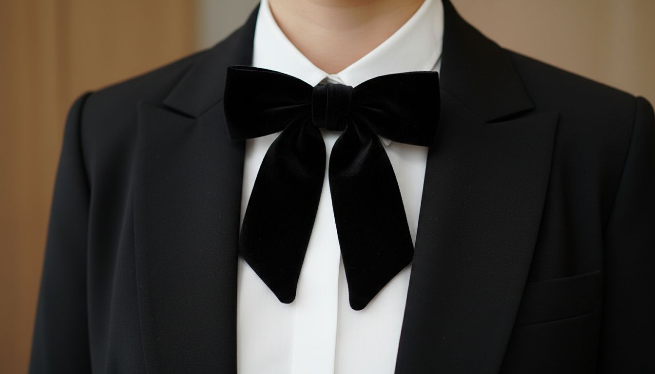 Крупный план бархатного банта, прикрепленного к воротнику белой рубашки под строгим черным жакетом.